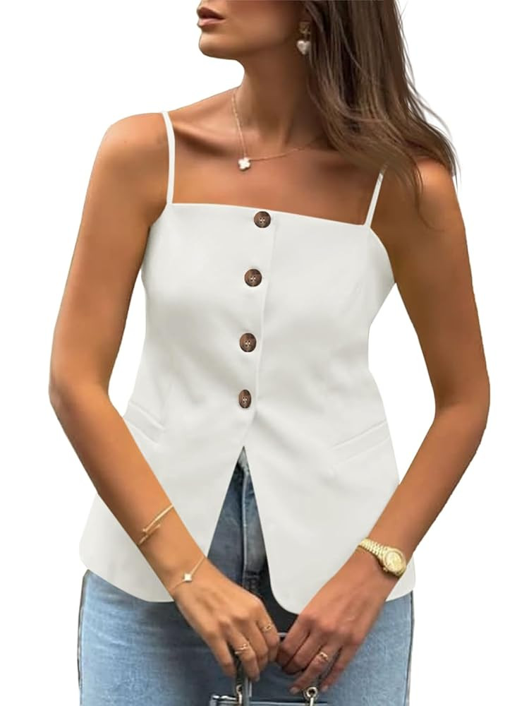 Cicy Bell Womens Summer Spaghetti Strap Vest Tops Dressy Casual Button Down Waistcoat Fitted Spli... | Amazon (US)