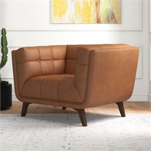 Allen Mid-Century Tight Back Genuine Leather Upholstered Armchair in Tan Cognac | Homesquare