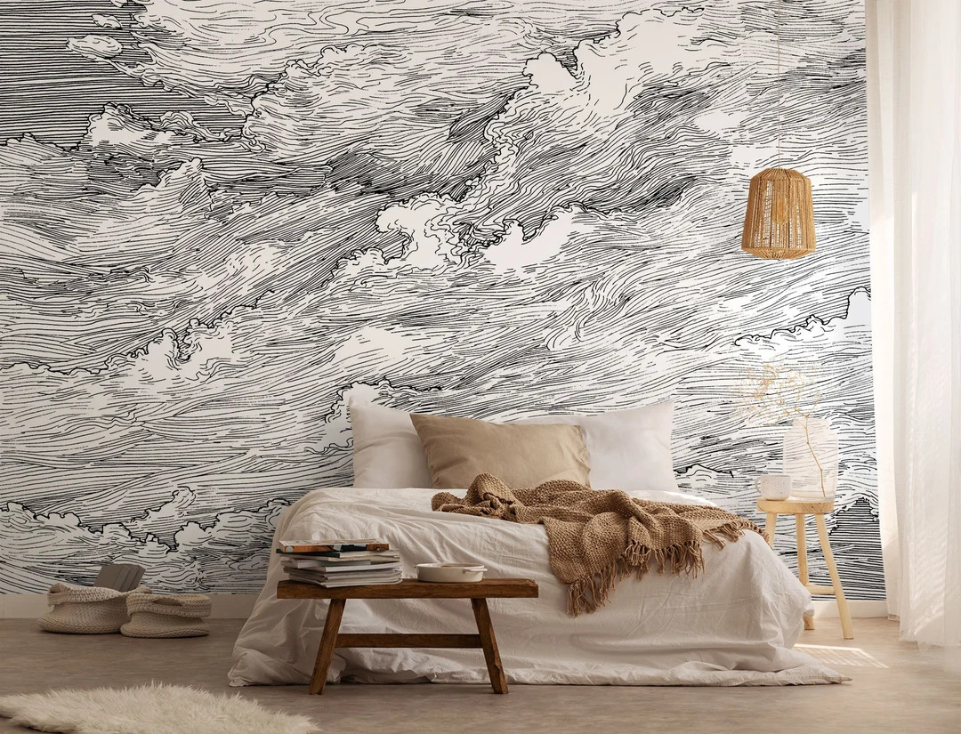 Drawn Clouds Retro Wallpaper, Removable Wallpaper, Self Adhesive Wallpaper, Vintage Wall Decal, P... | Etsy (US)