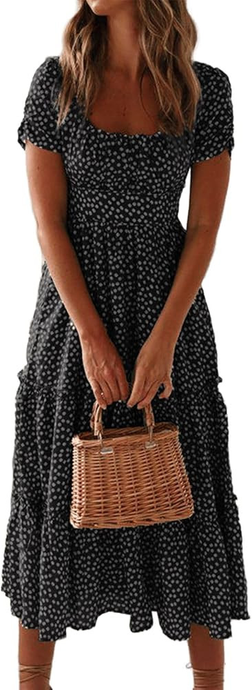 Summer Short Sleeve Emerald Green Dress for Women Bohemian Floral Party Sundress,Vintage Beach Ca... | Amazon (US)