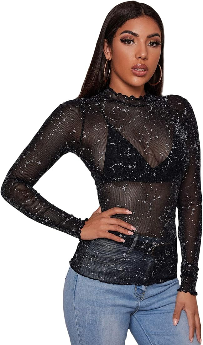 Floerns Women's Star Mesh See Through Mock Neck Long Sleeve Tops Tee T-Shirt | Amazon (US)