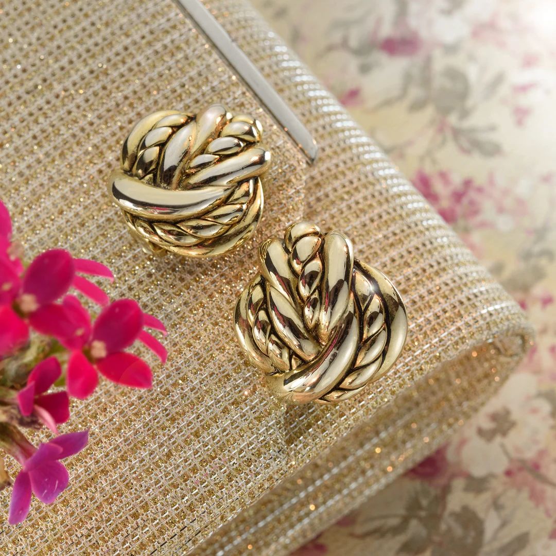 Vintage Earrings Oscar de la Renta Clip Earrings Antique Gold Tone Swirl Rope Button Designer Wom... | Etsy (US)