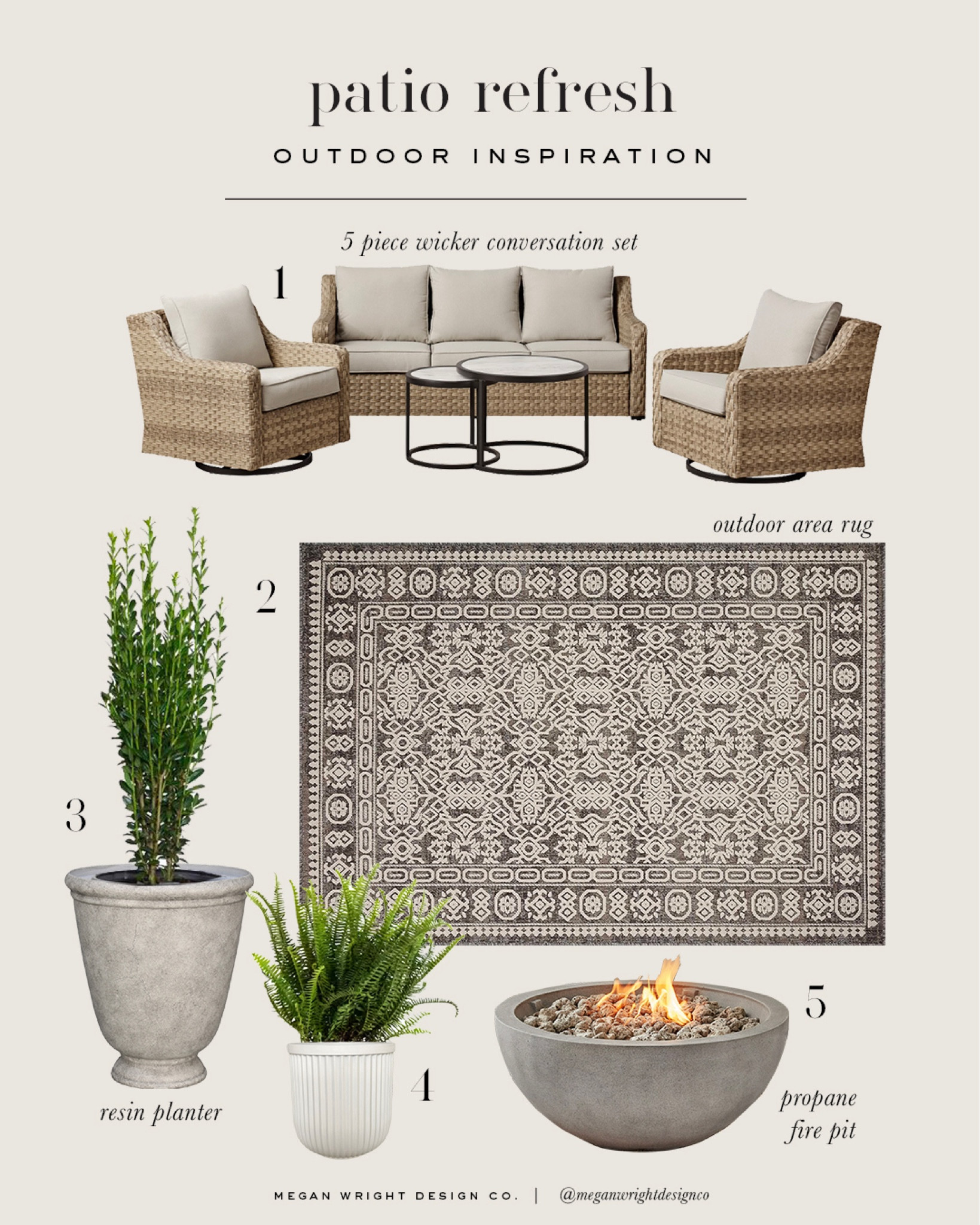 Loving this combo for a patio refresh! Neutral patio furniture, wicker patio set, better homes and gardens, planter ideas, fire pit, outdoor rug, outdoor furniture. Such a sale on the Better Homes & Gardens wicker set. Great reviews too! 

#LTKhome #LTKsalealert #LTKSeasonal
