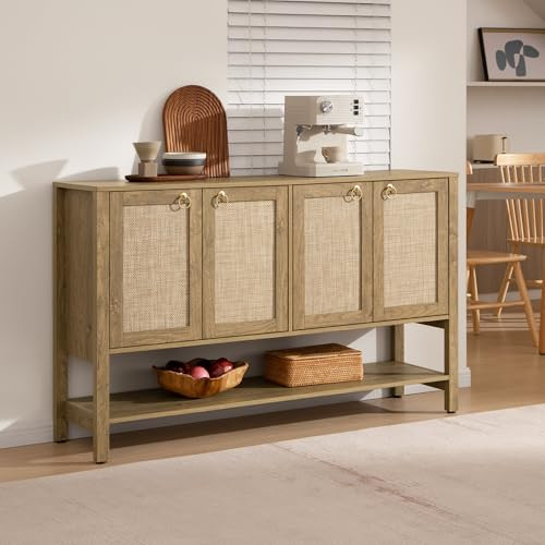 SICOTAS Rattan Sideboard Buffet Cabinet with Open Storage - Large Storage Cabinet with 4-Doors and Adjustable Shelves, Boho Credenza Coffee Bar Cabinet Buffet Table Console Table for Kitchen,Hallway | Amazon (US)