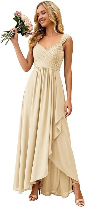Women’s Ruffles Bridesmaid Dresses for Wedding V Neck Wrap Pleated Chiffon Formal Dress Wedding Guest Dress | Amazon (US)