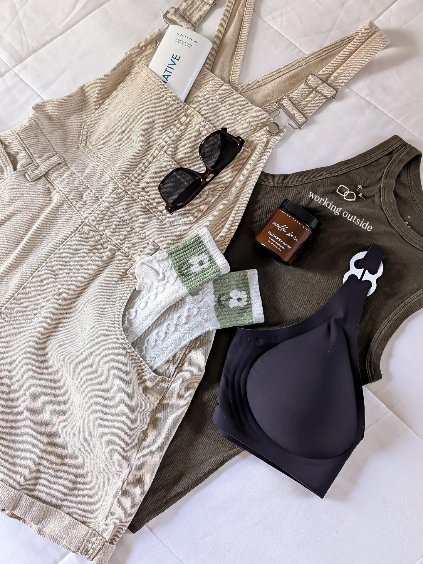 Working outside in the yard ootd, shorts overalls, wireless bra size medium with bra clip for a razor back tank 

#LTKdayinmylife #LTKgrwm #LTKootd