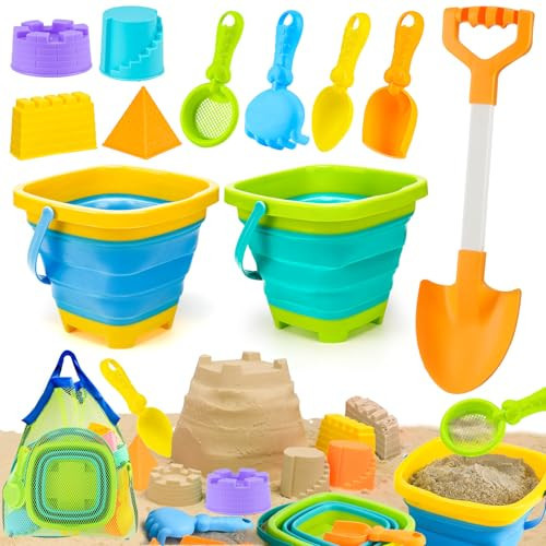 AuntyFey Collapsible Beach Toys for Kids Ages 4-8, Sand Toys for Toddlers Ages 3-4-8, Beach Toy Set with Collapsible Beach Buckets, Sandbox Toy for Kids with Castle Sand Mold and Large Shovels | Amazon (US)