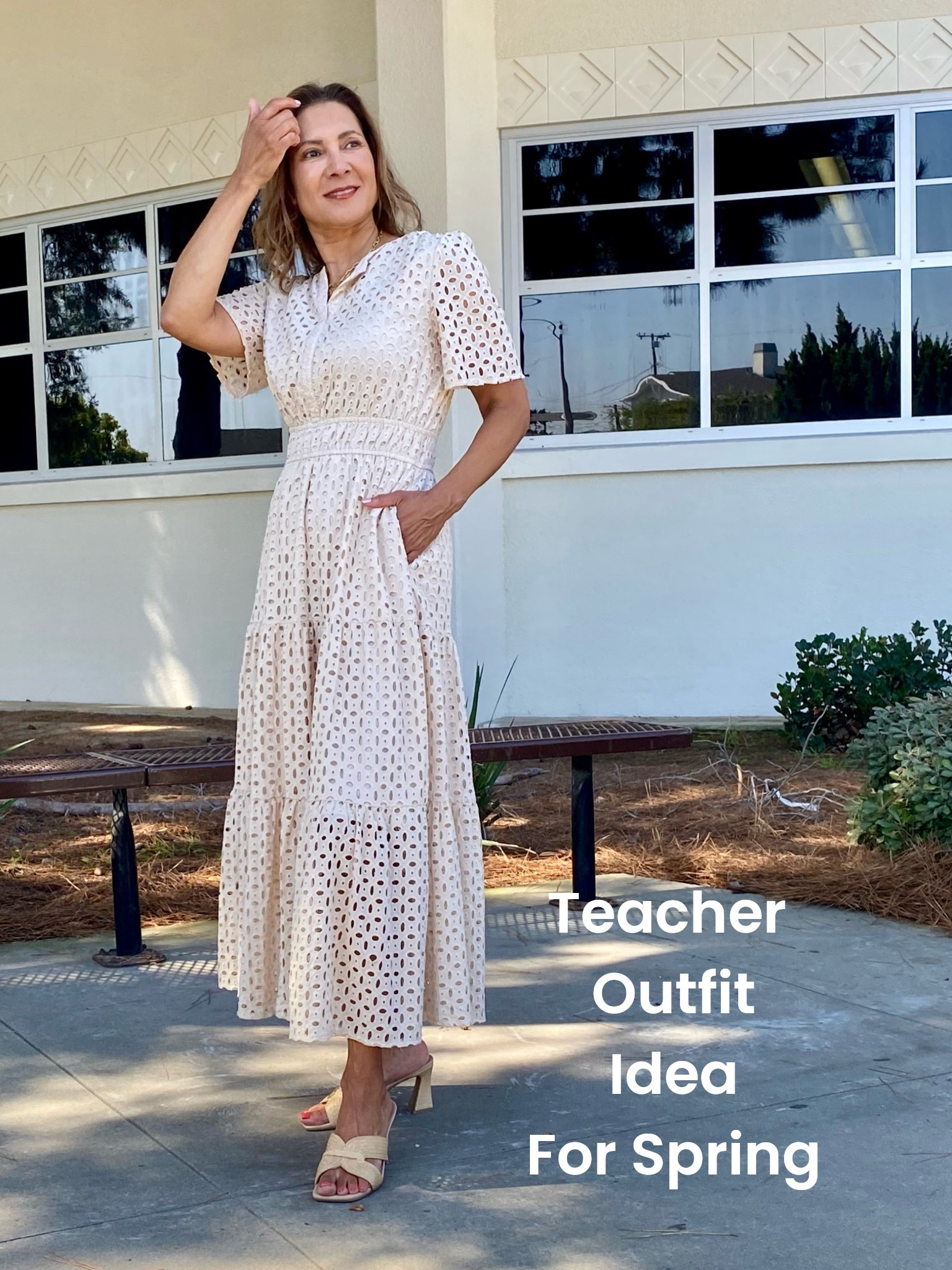 Teacher outfit idea! I do love this fully lined eyelet and it comes in so many pretty colors.  This dress is beautiful on its own or with a statement necklace. It’s sure to be a favorite spring outfit 2026
#LTKootd

#LTKWorkwear #LTKOver40 #LTKSeasonal