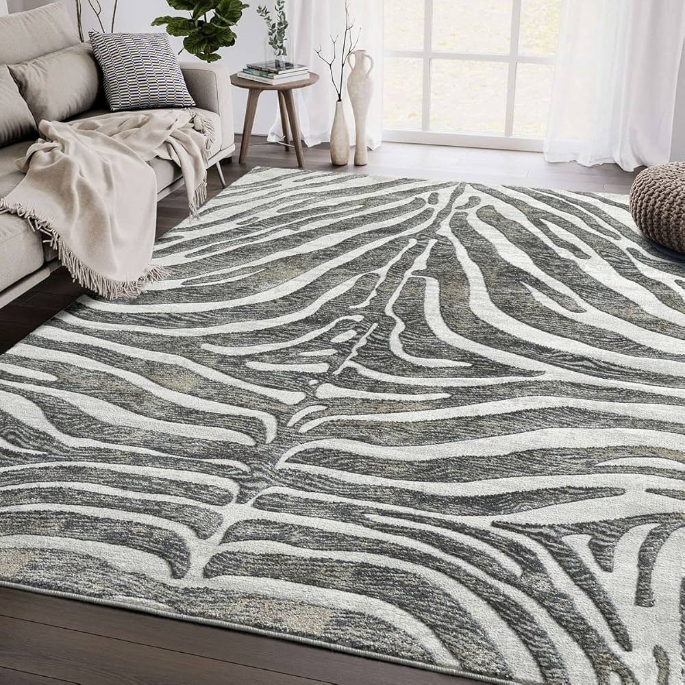 Abani Contemporary Grey & Brown Zebra Pattern 5'3" x 7'6" Area Rug - Non-Shed Modern Animal Print... | Amazon (US)