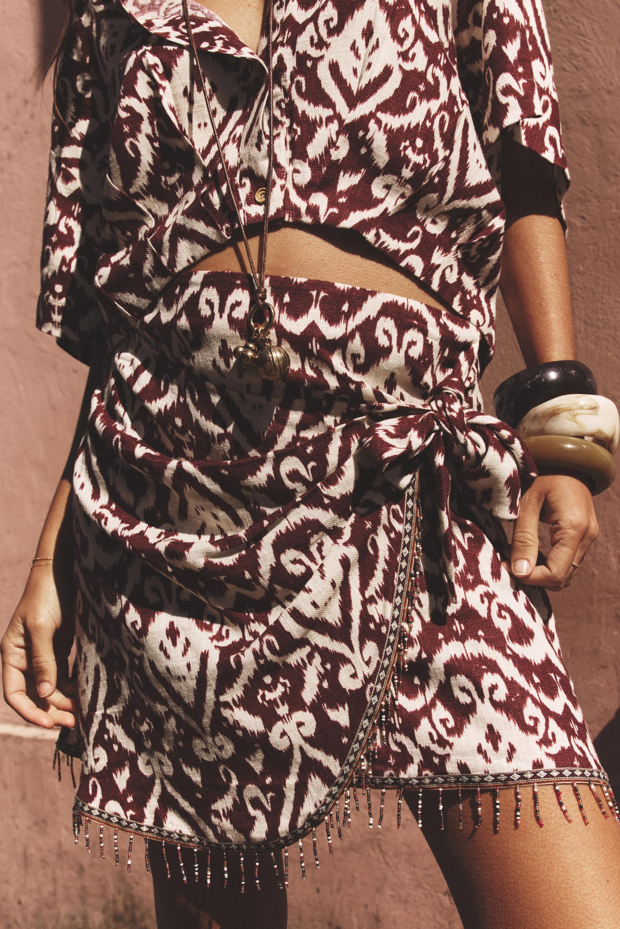 FRINGED BEADED PRINT SKIRT | Zara US