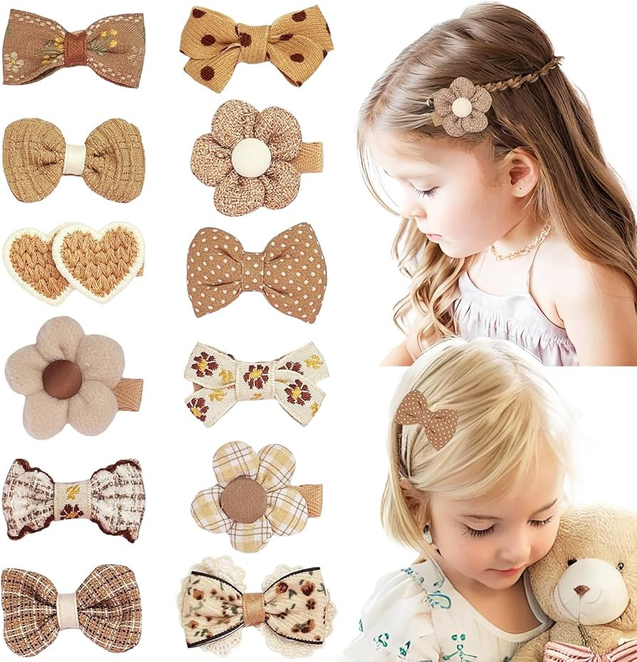 12pcs Girl's Hair Clips Brown Bow Fabric Snap Hair Clips Brown Flower Hair clips Bow Hair Accesso... | Amazon (US)