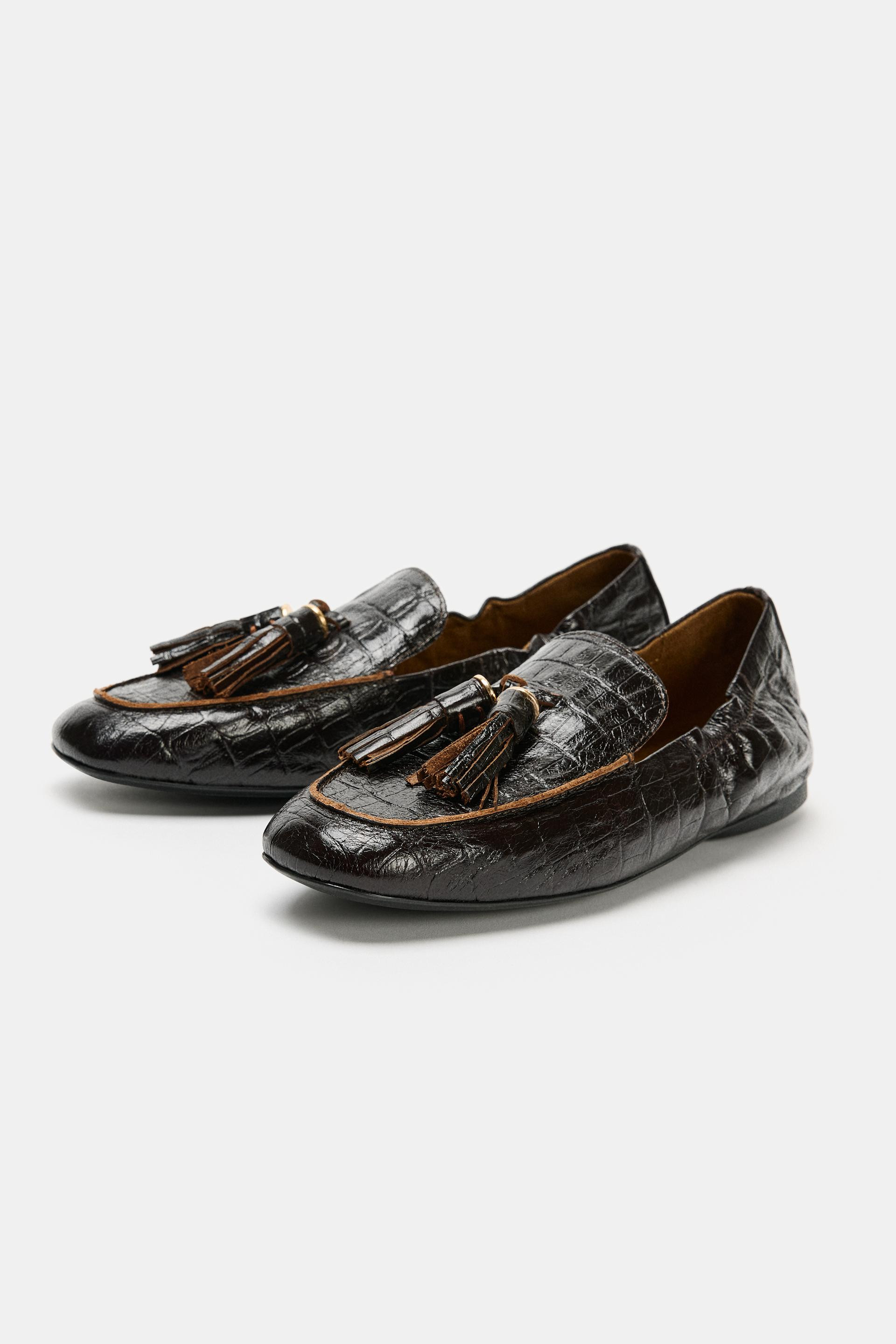 Zara - Printed Leather Loafers - Brown - 8 - Woman | Zara US