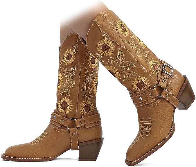 SO SIMPOK Cowboy Boots for Women Sunflower Western Boot Embroidery Stitched Cowgirl Boots Square ... | Amazon (US)