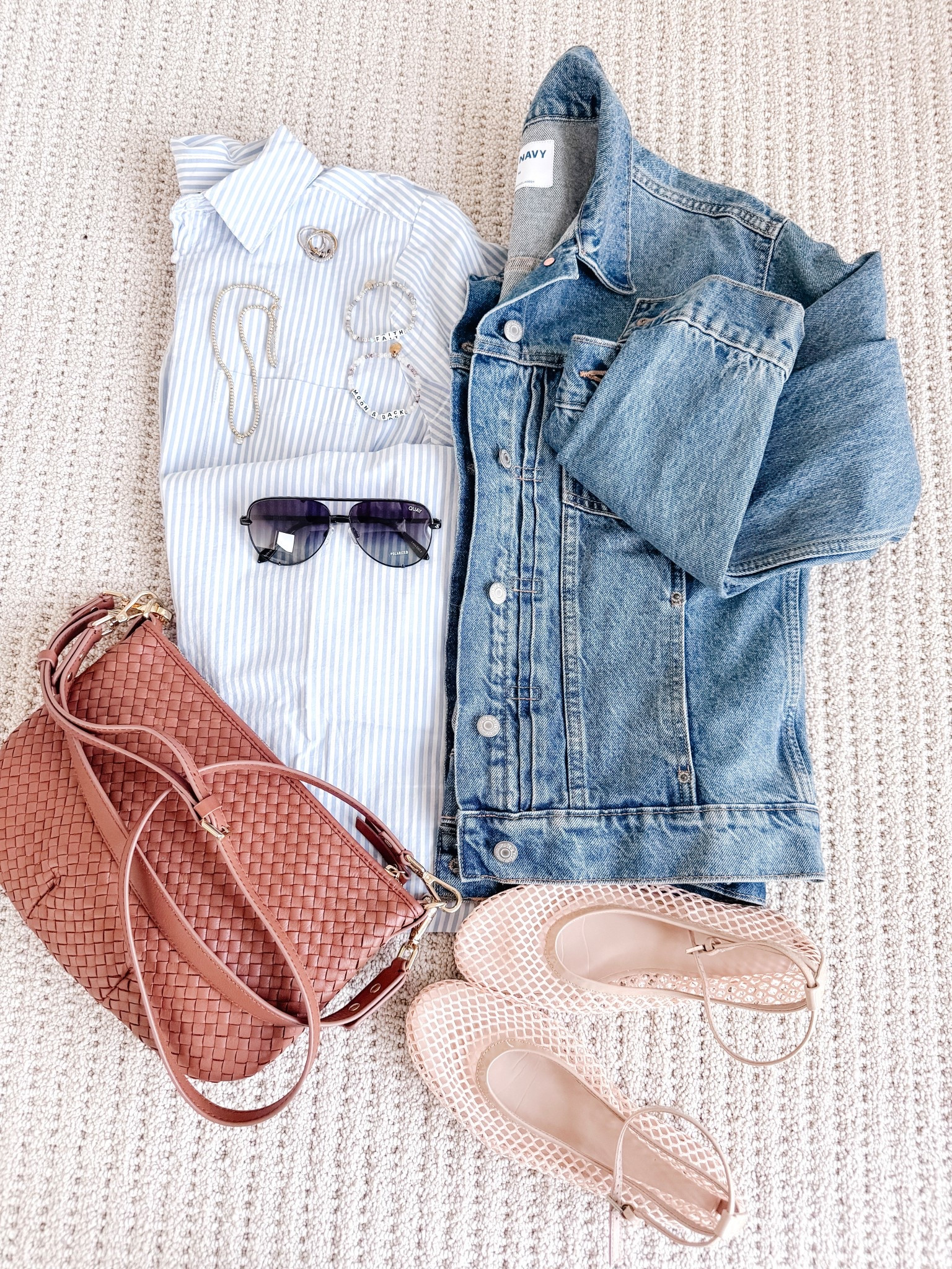 Easy spring outfit idea you can throw on and go 🤍 loving this striped midi dress paired with a classic denim jacket for that effortless layered look. Spring dress or Easter dress outfit. Styled with neutral mesh ballet flats and a woven shoulder bag for a soft, elevated everyday outfit that works for errands, lunch, or casual weekends. Everything is comfortable, easy to style, and perfect for transitioning into warmer weather. Follow me on LTK for daily fashion, home decor & Amazon finds.

#LTKPetite #LTKootd #LTKSaleAlert