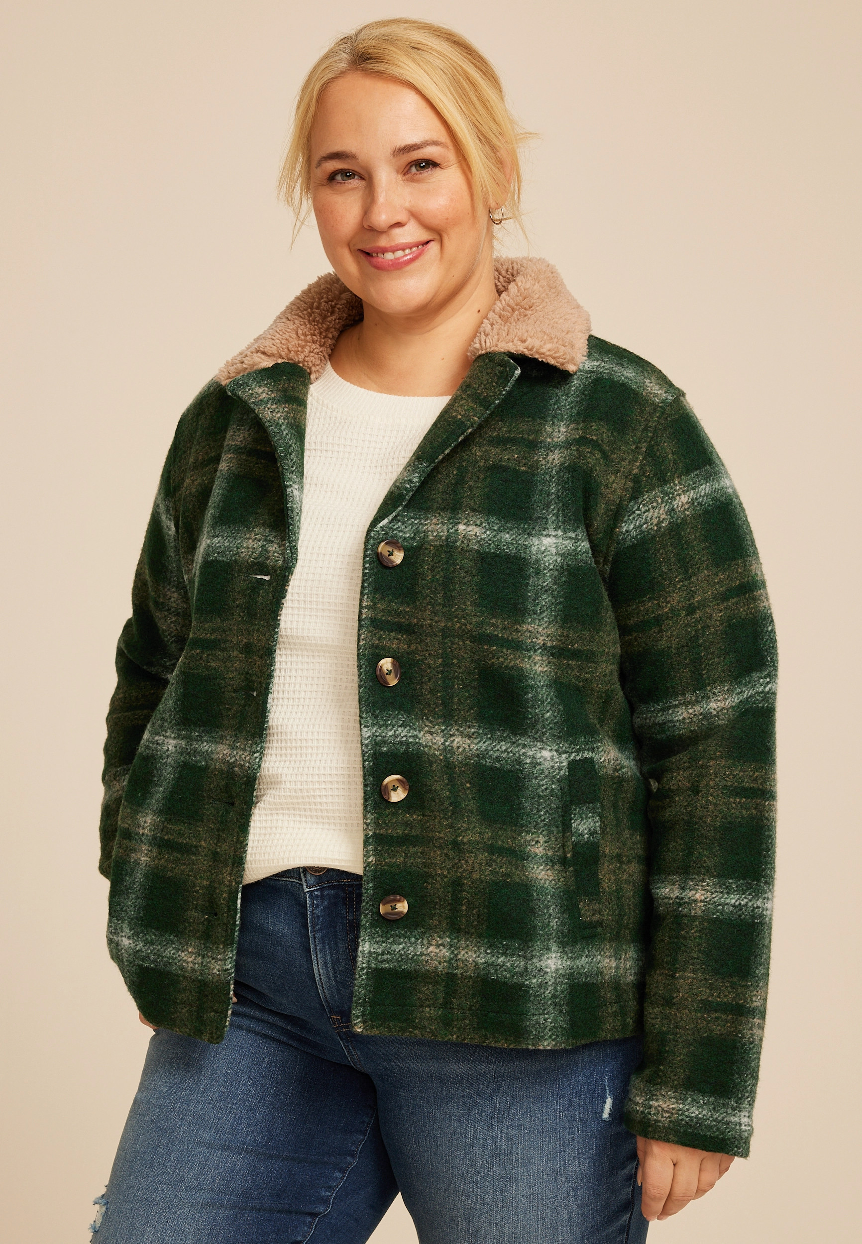 Maurices Plus Size Women's Green Plaid Sherpa Collar Jacket | Maurices
