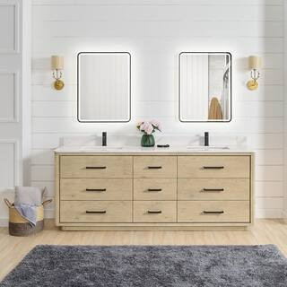 ROSWELL Porto 84 in. W x 22 in. D x 33.8 in. H Double Sink Bath Vanity in Natural Oak with White ... | The Home Depot