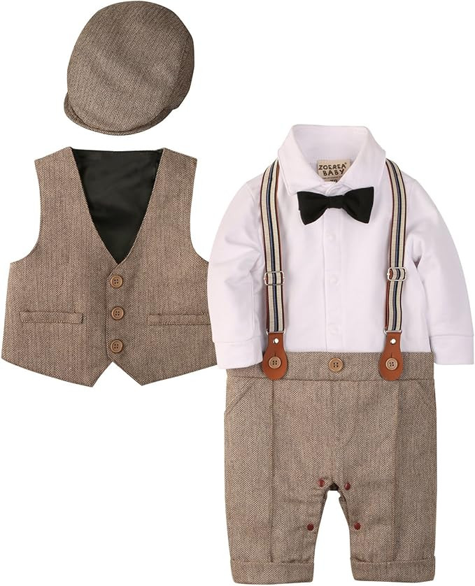 ZOEREA Baby Boy Outfits Set, 3pcs Long Sleeves Gentleman Jumpsuit & Vest Coat & Berets Hat with B... | Amazon (US)