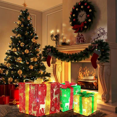 1 Pack 3-Piece Christmas Led Gift Box Decorations, 50 Leds With Ribbon Bows – Perfect For Christmas Tree/Fireplace/Garden/Parties, Battery-Powered , | Wayfair North America