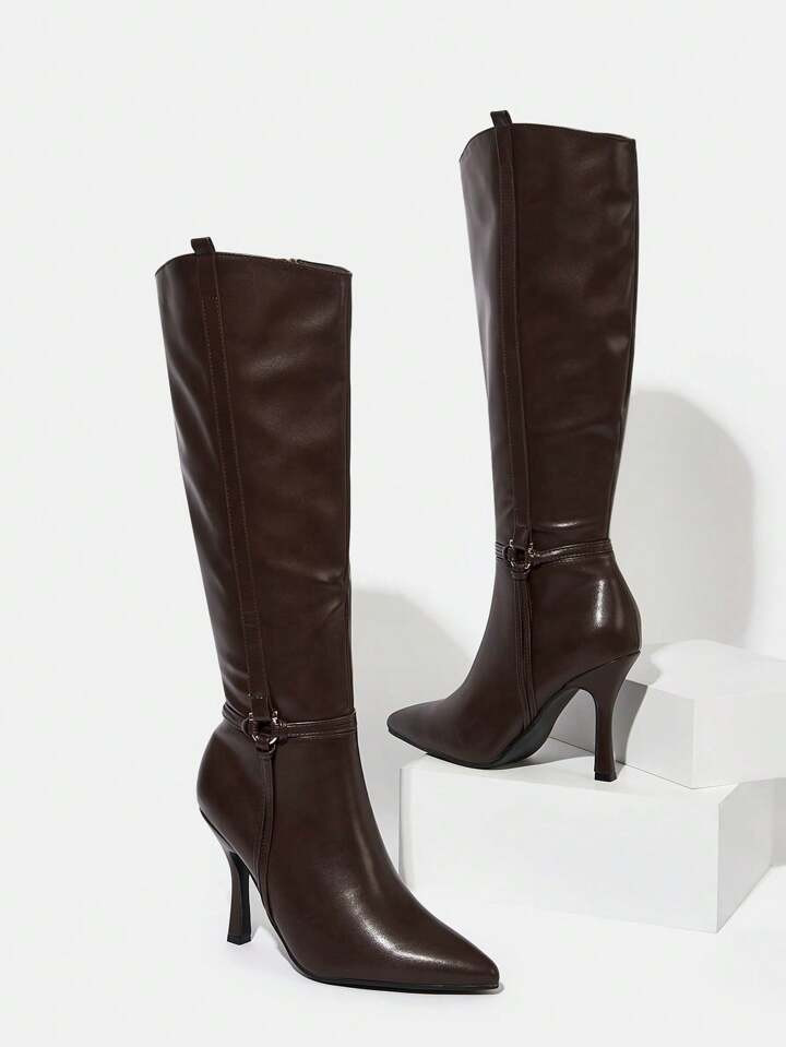 SHEIN BIZwear Women's Fashionable Brown Elegant High Heel Boots With Metal Decor | SHEIN