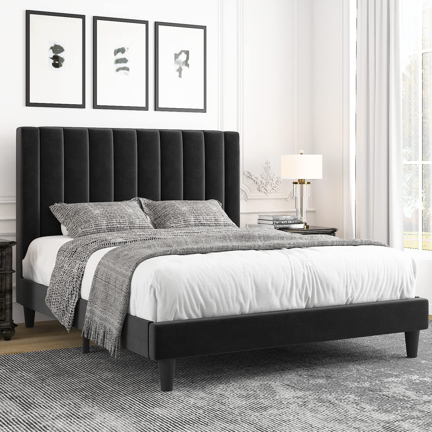 Allewie King Size Velvet Upholstered Bed Frame with Vertical Channel Tufted Headboard, Black | Walmart (US)