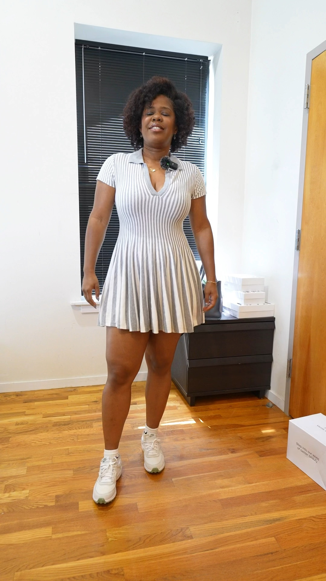 Work outfit, I’m wearing a striped polo sweater dress, Nike waffle sneakers, Marc Jacob’s canvas tote bag and mint sunglasses from Bonnie Clyde. #dress #falloutfit

#LTKVideo #LTKItBag #LTKWorkwear