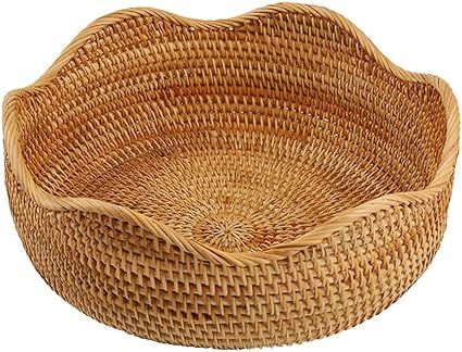 AMOLOLO Handmade Rattan Round Fruit Basket Food Storage Bowls Kitchen Organizer Snack Serving Bow... | Amazon (US)