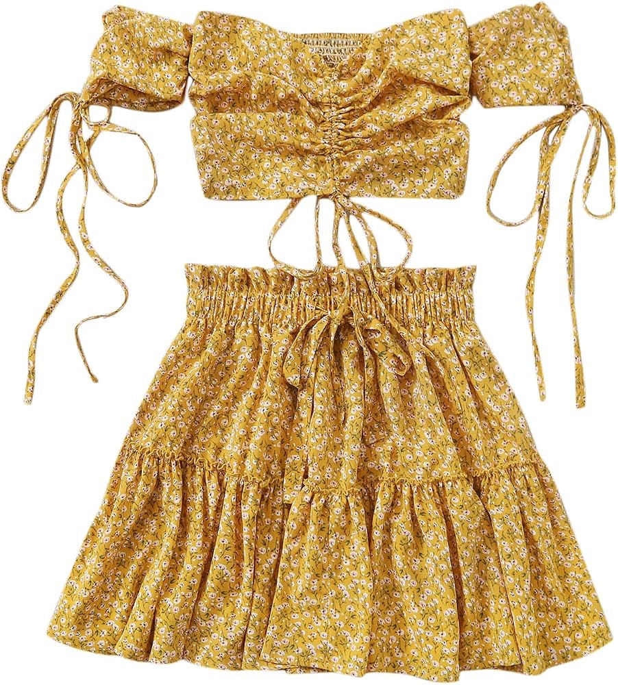 Floerns Women's Two Piece Outfit Floral Off Shoulder Drawstring Crop Top and Skirt Set | Amazon (US)
