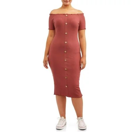 Derek Heart Juniors' Plus Size Button Front Off-Shoulder Midi Dress | Walmart (US)