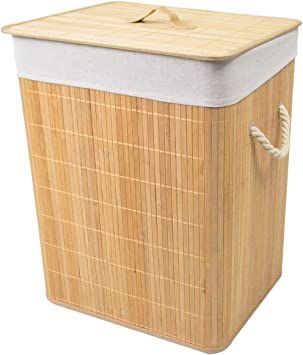Laundry Hamper Bamboo, Large Clothes Storage Basket with Lid and Removable Liner, Freestanding Di... | Amazon (US)