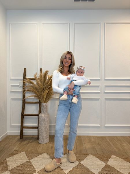 We love a mommy & me outfits. Basic white bodysuits for both of us and jeans! I’m wearing a small in the top and jeans run TTS! Brooklyns Ugg’s are some of my favorites, my slides are Steve Madden and TTS. 

Mommy & Me
Denim 
White Tee 
Uggs

#LTKbaby #LTKstyletip #LTKshoecrush