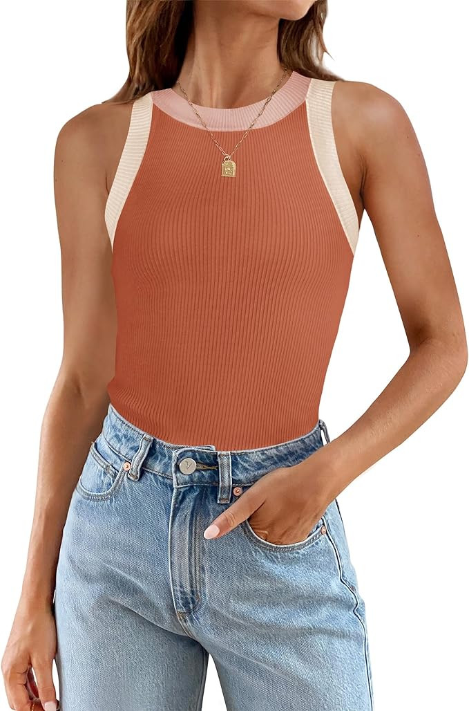 ZESICA Womens Summer Sleeveless Tank Tops Ribbed High Neck Racerback Slim Fitted Color Block Casu... | Amazon (US)