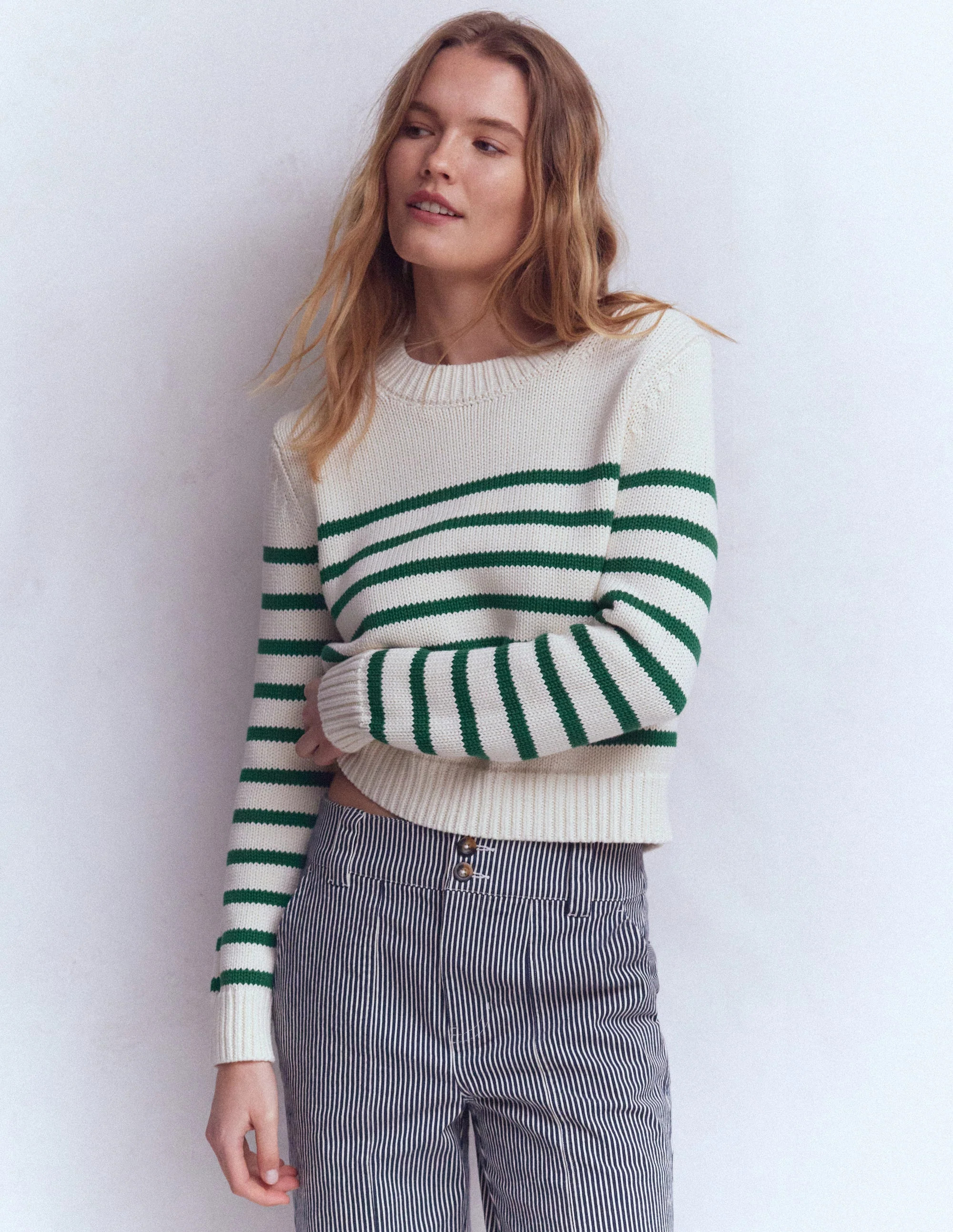 Lucy Chunky Cotton Sweater-Ivory and Jewel Green Stripe | Boden (US)