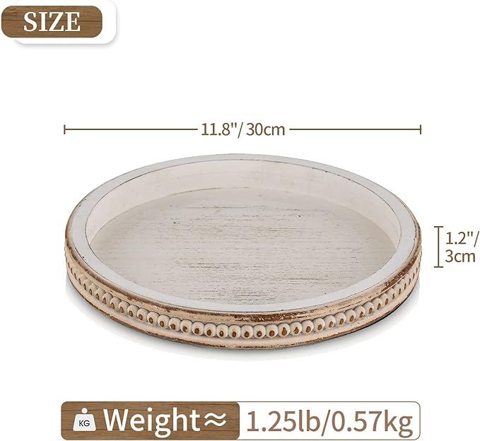 Hanobe Decorative Serving Tray Wood: White Washed Bead Round Tray Decor for Coffee Table Rustic W... | Amazon (US)