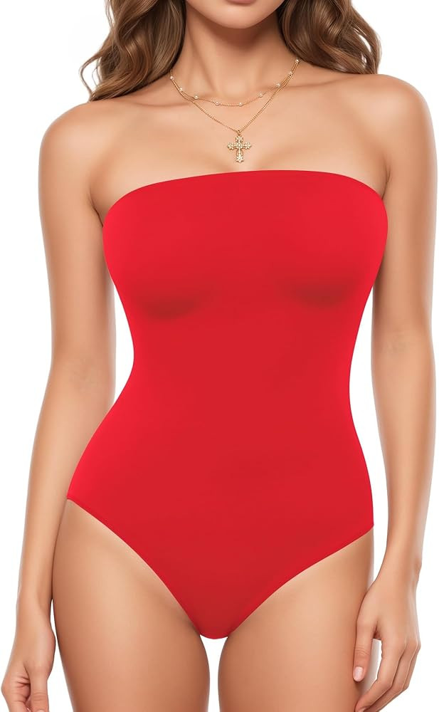 MANGOPOP Women\u2018s Strapless Thong Bodysuit Sexy Tube Top Off The Shoulder Double Lined Bodysu... | Amazon (US)