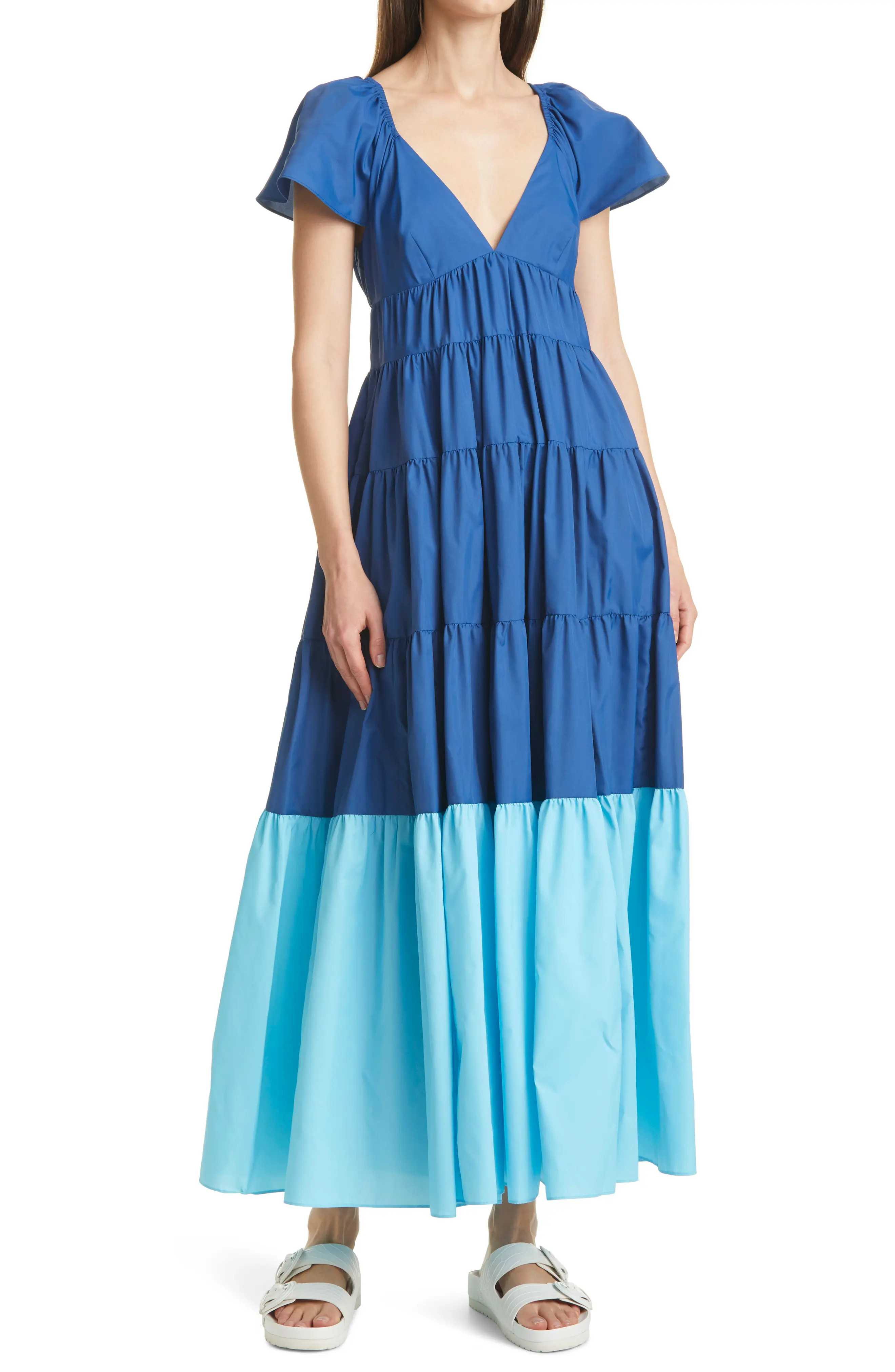 Women's Staud Corsica Colorblock Recycled Nylon Tiered Dress, Size Small - Blue | Nordstrom