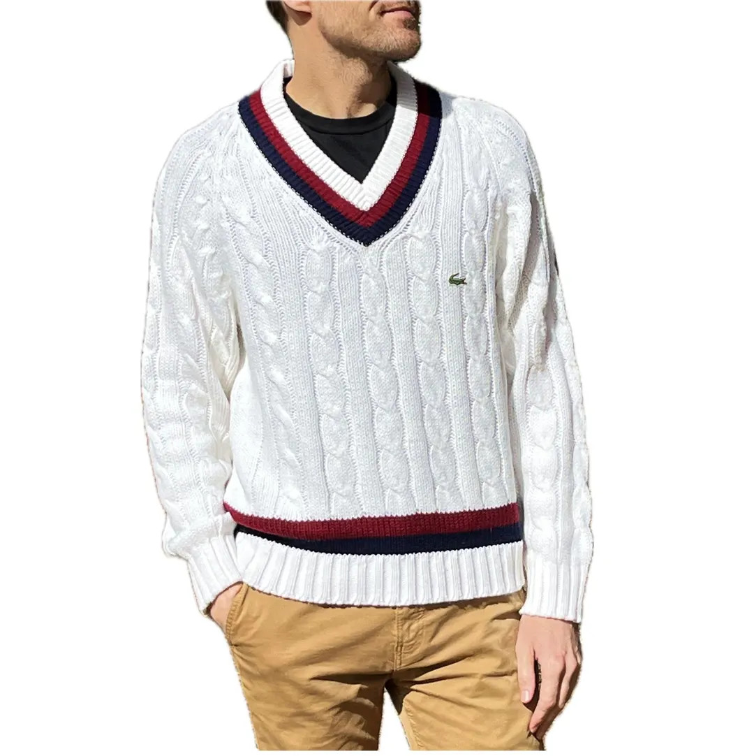 Vintage 80s Izod Lacoste Cable Knit Sweater White Tennis V-neck Pullover Retro Preppy Cricket Swe... | Etsy (US)