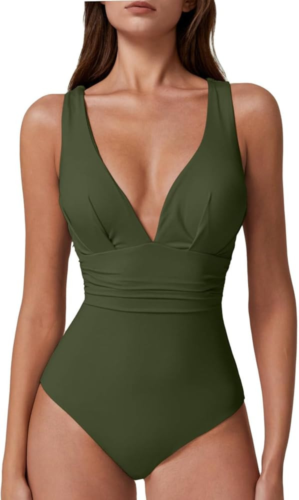 QINSEN Womens Sexy V Neck One Piece Bathing Suit Cross Back Swimsuit High Waist Monokini | Amazon (US)