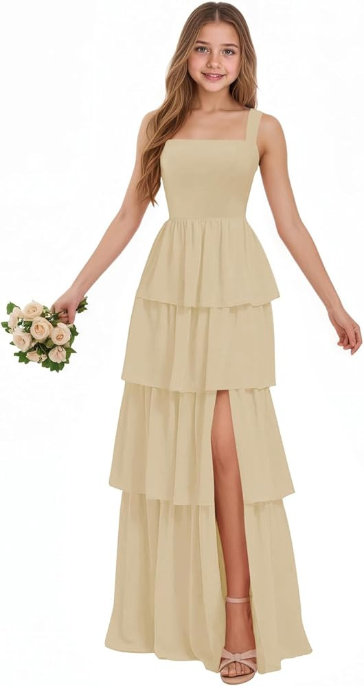 Chiffon Junior Bridesmaid Dresses for Teen Girls Tiered Pleated Flower Girl Dress with Slit Weddi... | Amazon (US)