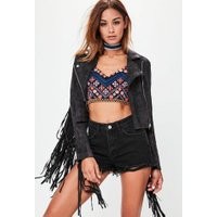 Black Faux Suede Fringe Biker Festival Jacket, Black | Missguided (UK & IE)