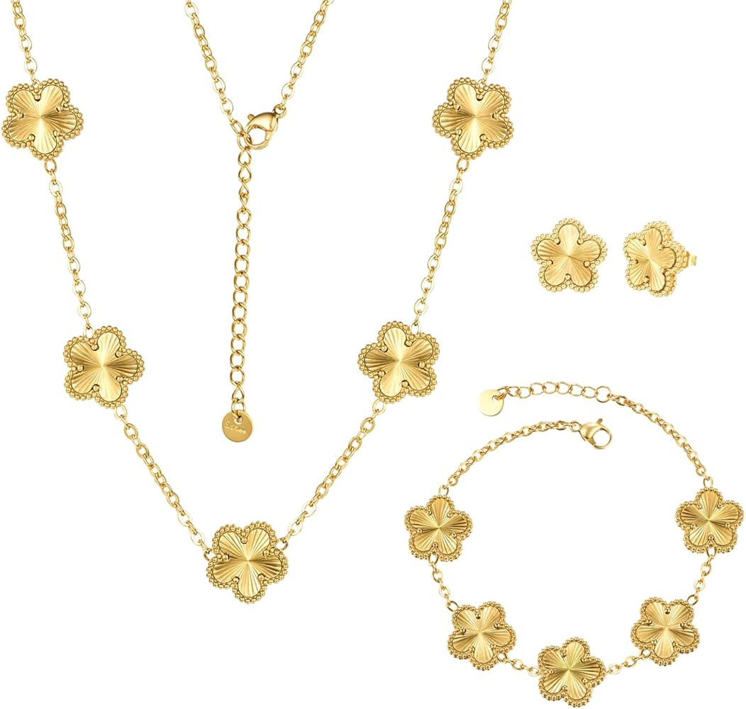 Clover Neckalce Bracelet Earring Set for Women 14K Gold Plated Stainless Steel Four Leaf Clover J... | Amazon (US)