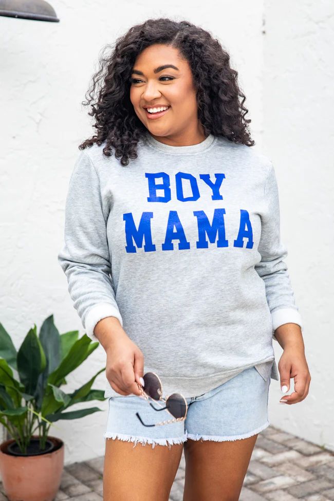 Boy Mama Blue Super Soft Fleece Grey Graphic Sweatshirt | Pink Lily