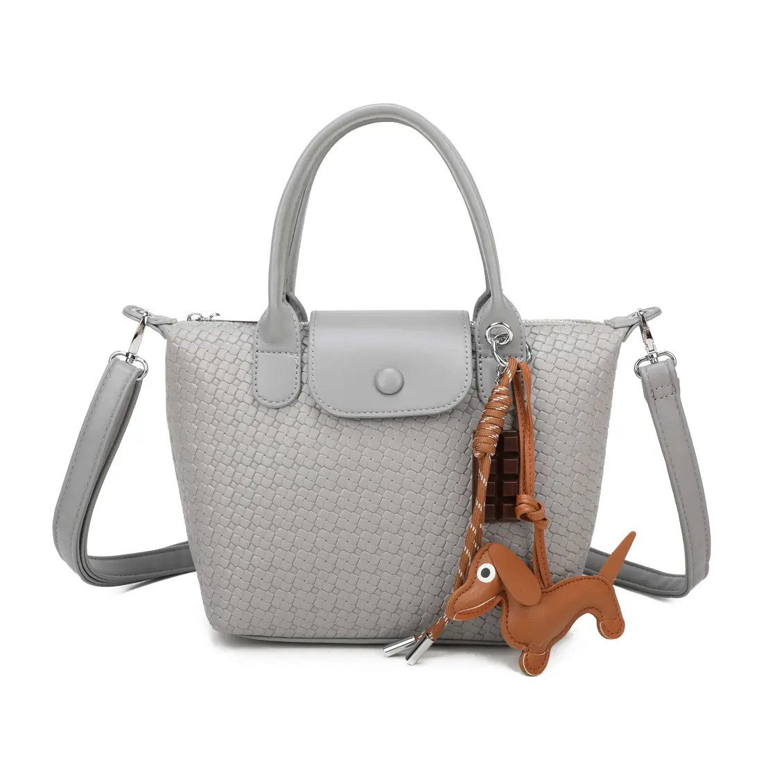 Grey Kitise Mini Woven Texture Crossbody Bag Top Handles Cute Dog Charm | Boohoo | Boohoo.com (UK & IE)