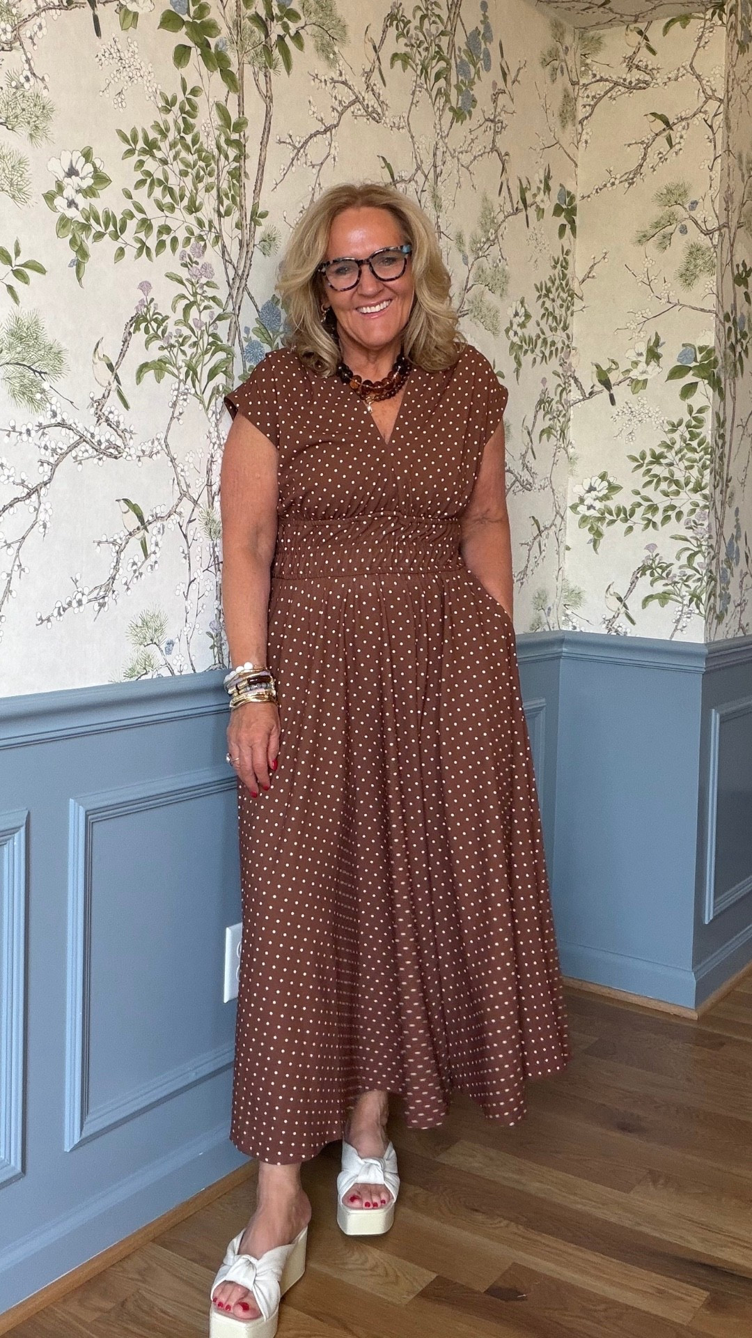 Oh, this is a good one! The little polka dots and flattering waist make this dress so pretty, and it’s true to size, which is always nice to know.