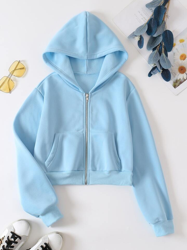 SHEIN EZwear Solid Zip Up Drop Shoulder Thermal Lined Crop Hoodie,Long Sleeve Tops | SHEIN