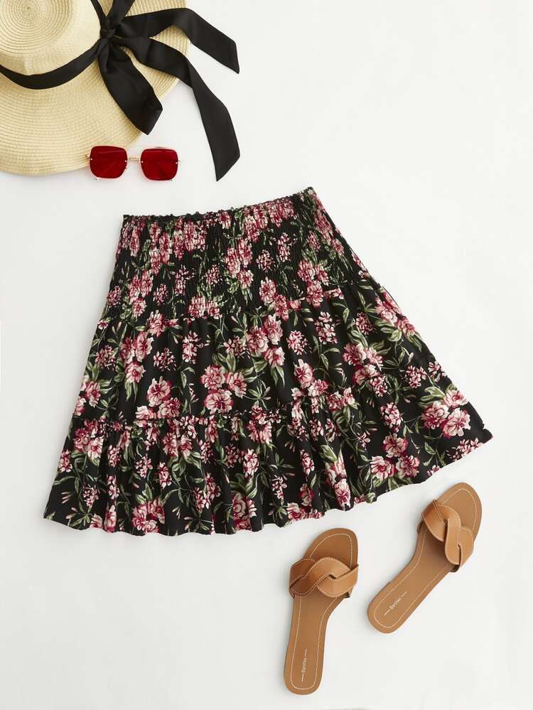 Plus Floral Print Shirred Frilled Skirt | SHEIN