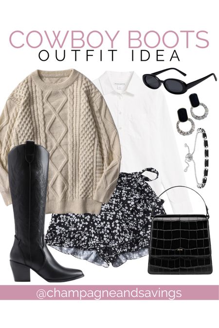 Tall black cowboy boots outfit idea! Throw on some tights and a coat if it’s really cold, but this western boot outfit is perfect with an oversized sweater layered with a white button down shirt and this fun floral skort. Paired with a black mini bag and silver jewelry- it’s a great trendy outfit idea. 

#LTKstyletip #LTKshoecrush #LTKSeasonal