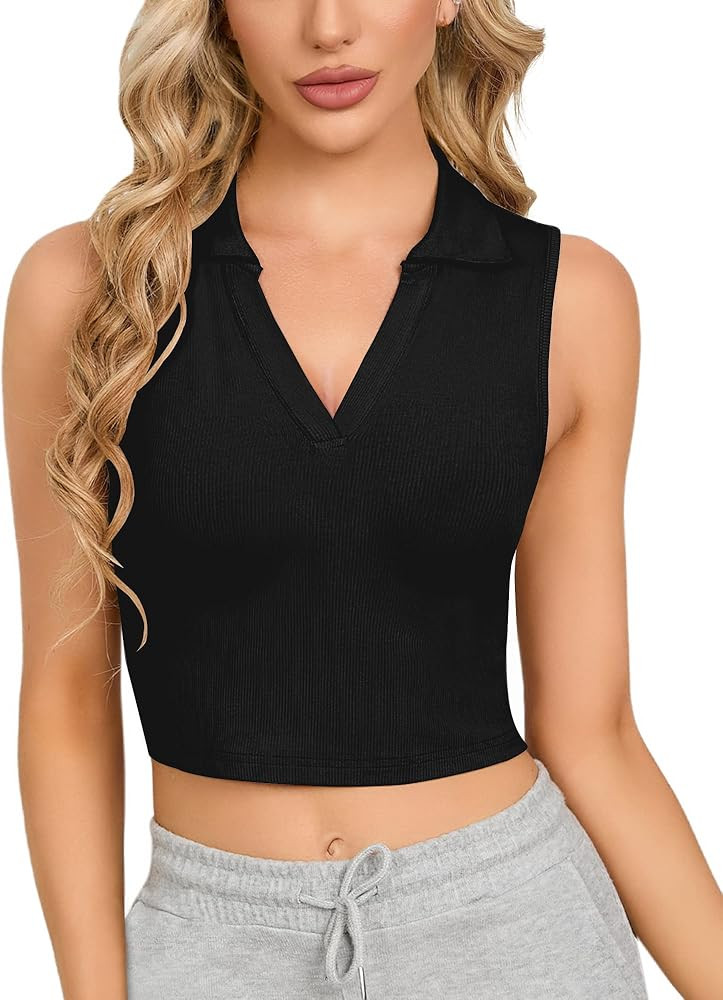 CLOZOZ Womens Tank Tops Polo Crop Top V Neck Ribbed Sleeveless Tops Collar Shirts Womens Crop Top... | Amazon (US)