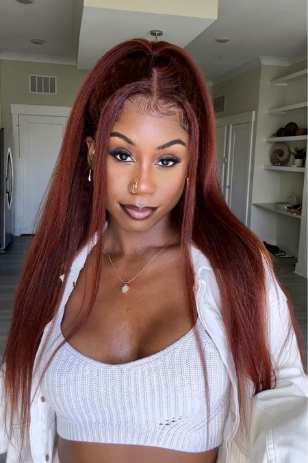 Reddish Brown Kinky Curly Wig With A Cute Crop Top Sweater Bralette (This exact photo below  will take you to my amazon storefront where all the items in this photo are linked) 

#LTKFind #LTKbeauty #LTKstyletip