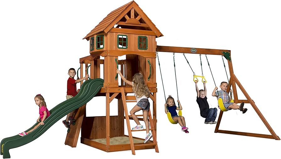 Backyard Discovery Atlantis Cedar Wood Swing Set with Wave Slide, Raised Clubhouse, Rock Wall, Be... | Amazon (US)