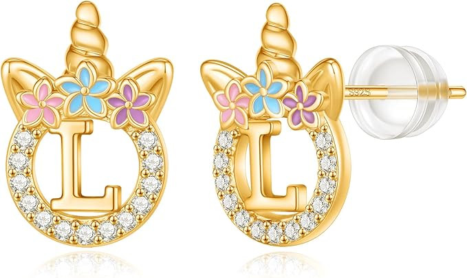 Stocking Stuffers for Girls Kids - 925 Sterling Silver Hypoallergenic Initial Unicorn Earring for... | Amazon (US)